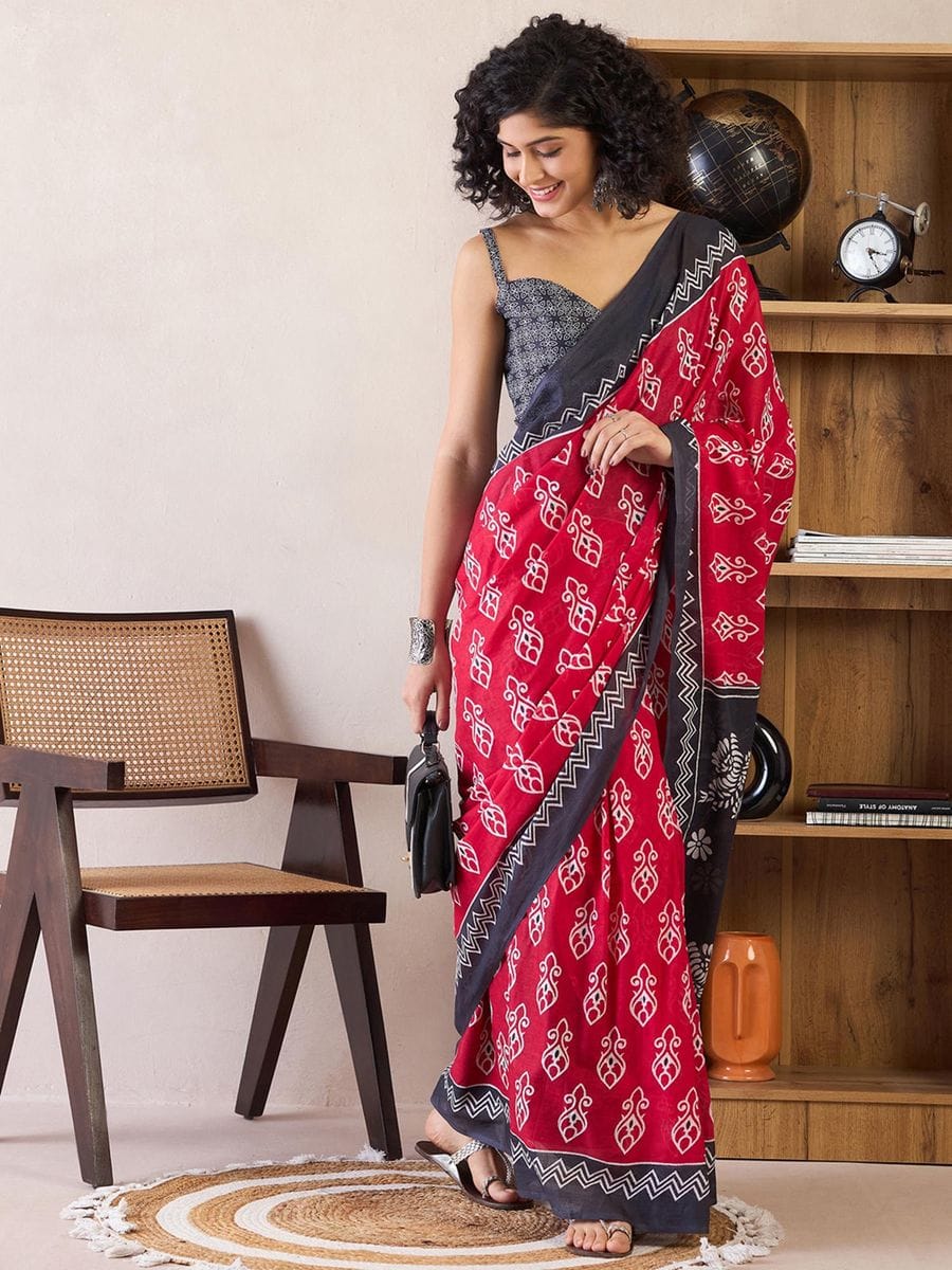 One Minute Ready To Wear Red & Purple Ethnic Motifs Poly Cotton Ikat With Pocket Saree