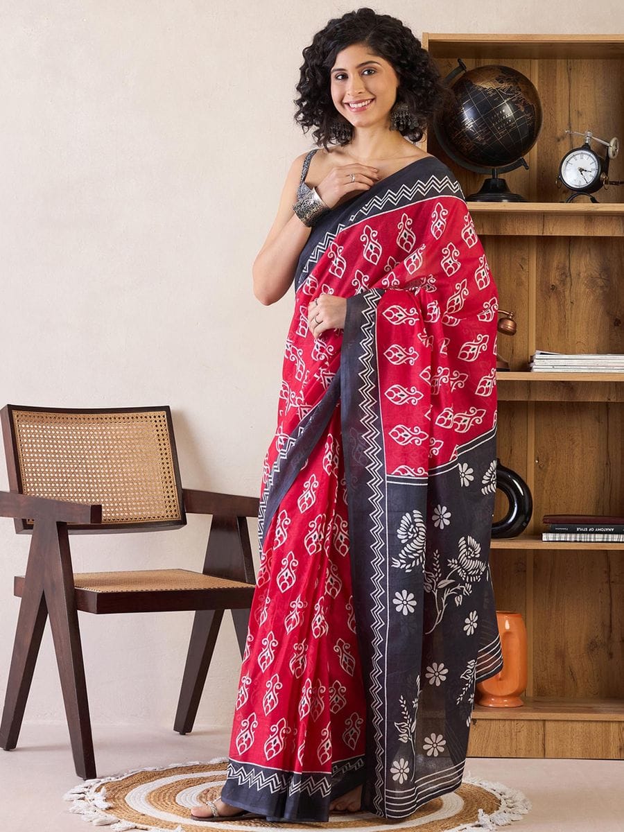 One Minute Ready To Wear Red & Purple Ethnic Motifs Poly Cotton Ikat With Pocket Saree