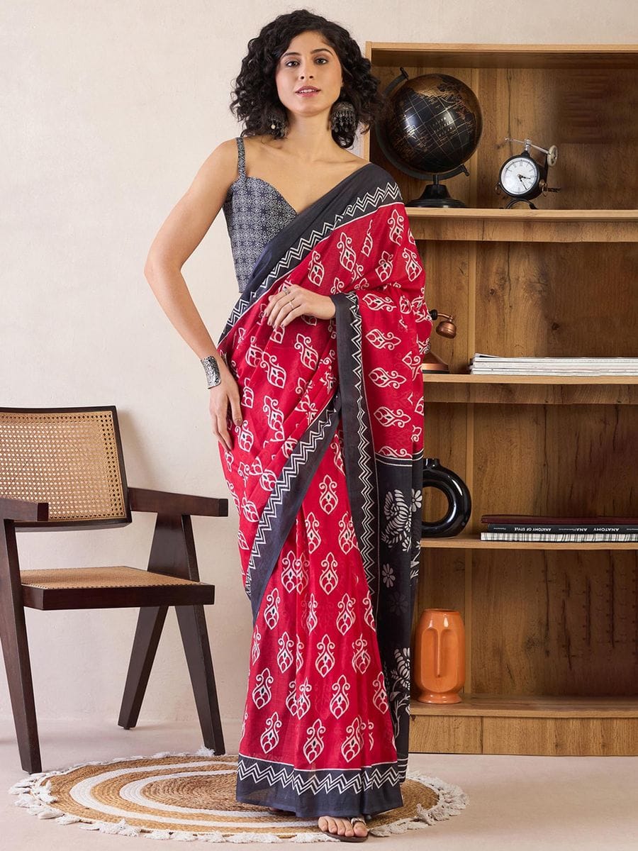 One Minute Ready To Wear Red & Purple Ethnic Motifs Poly Cotton Ikat With Pocket Saree