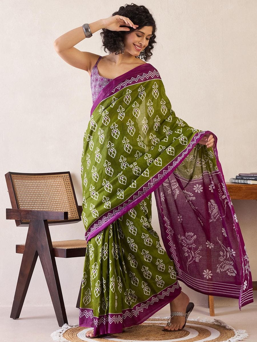 One Minute Ready To Wear Green & Purple Ethnic Motifs Poly Cotton Ikat With Pocket Saree