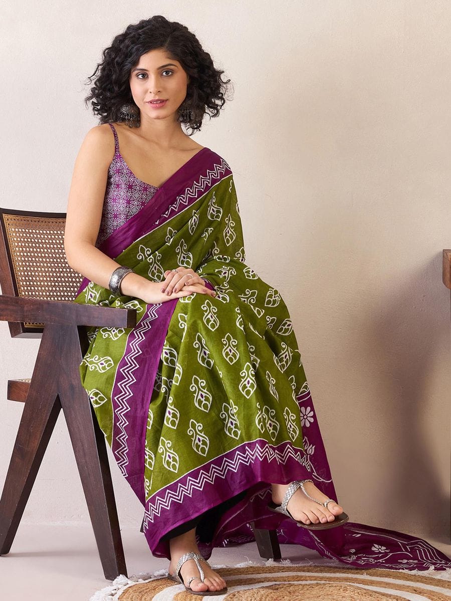 One Minute Ready To Wear Green & Purple Ethnic Motifs Poly Cotton Ikat With Pocket Saree