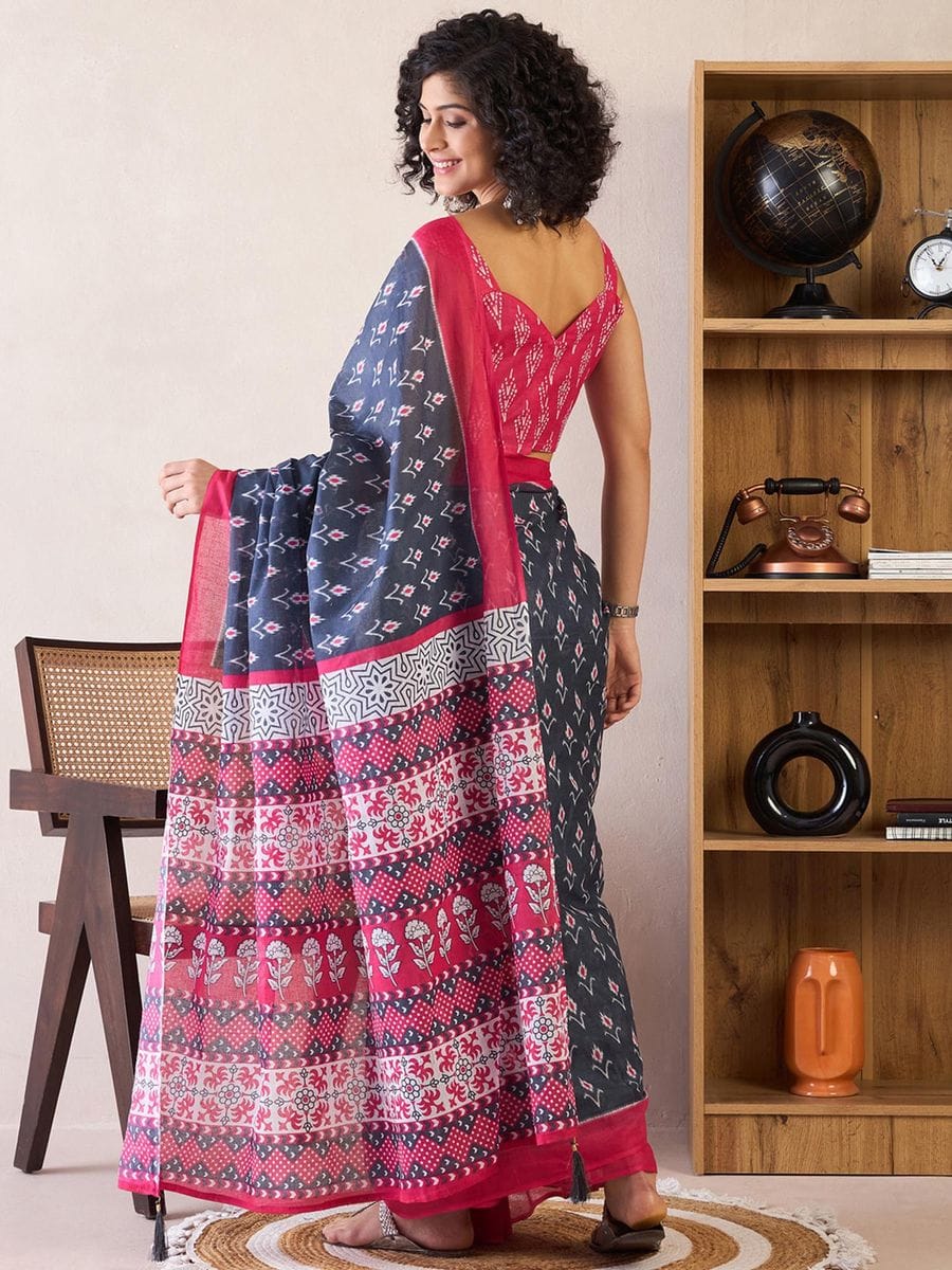 One Minute Ready To Wear Blue & Pink Ethnic Motifs Poly Cotton Ikat With Pocket Saree