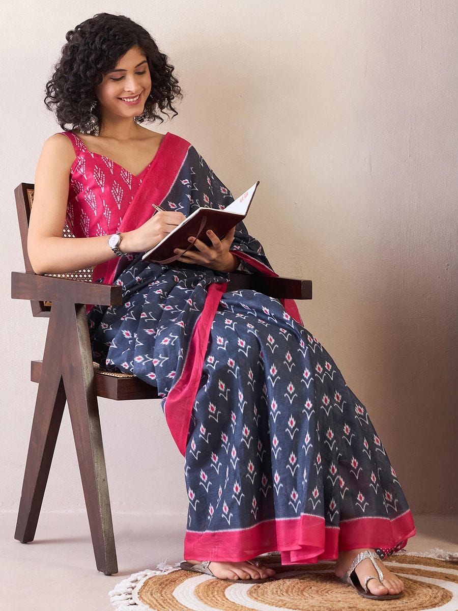 One Minute Ready To Wear Blue & Pink Ethnic Motifs Poly Cotton Ikat With Pocket Saree