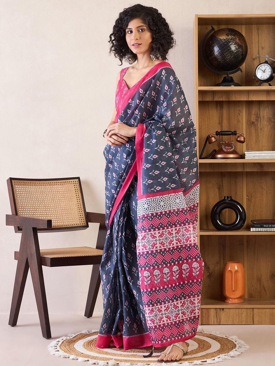 One Minute Ready To Wear Blue & Pink Ethnic Motifs Poly Cotton Ikat With Pocket Saree