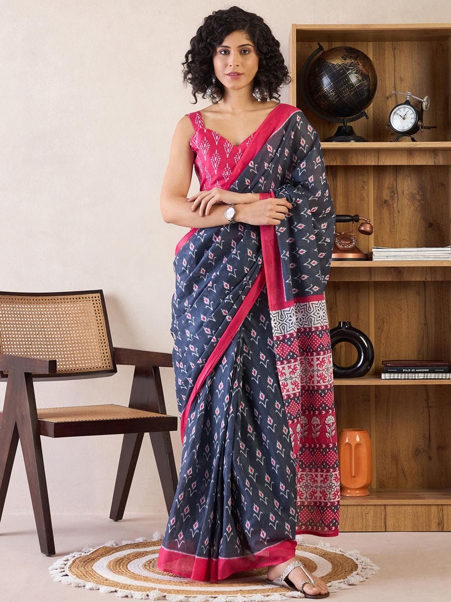 One Minute Ready To Wear Blue & Pink Ethnic Motifs Poly Cotton Ikat With Pocket Saree