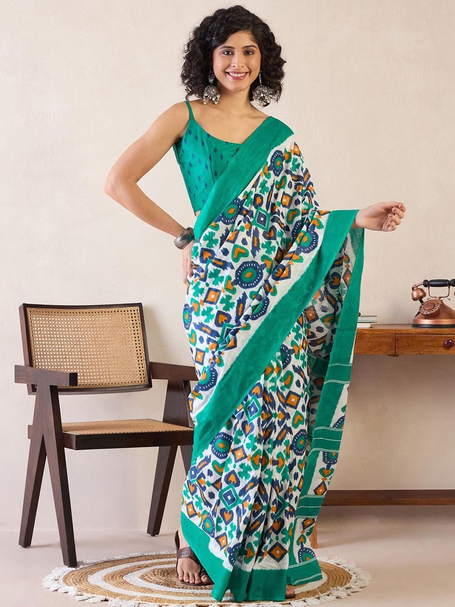 One Minute Ready To Wear Green Ethnic Motifs Poly Cotton Ikat With Pocket Saree