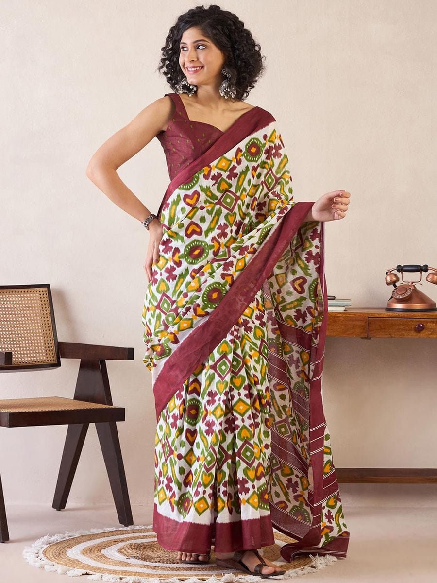 One Minute Ready To Wear Blend White Ethnic Motifs Poly Cotton Ikat With Pocket Saree