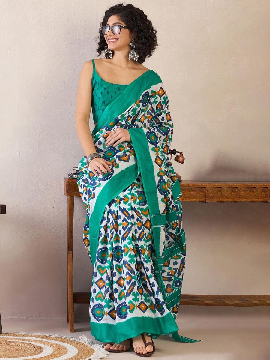 One Minute Ready To Wear Green Ethnic Motifs Poly Cotton Ikat With Pocket Saree