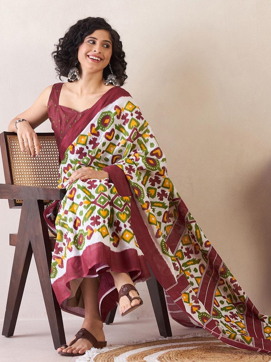 One Minute Ready To Wear Blend White Ethnic Motifs Poly Cotton Ikat With Pocket Saree