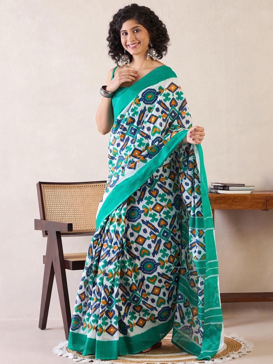 One Minute Ready To Wear Green Ethnic Motifs Poly Cotton Ikat With Pocket Saree