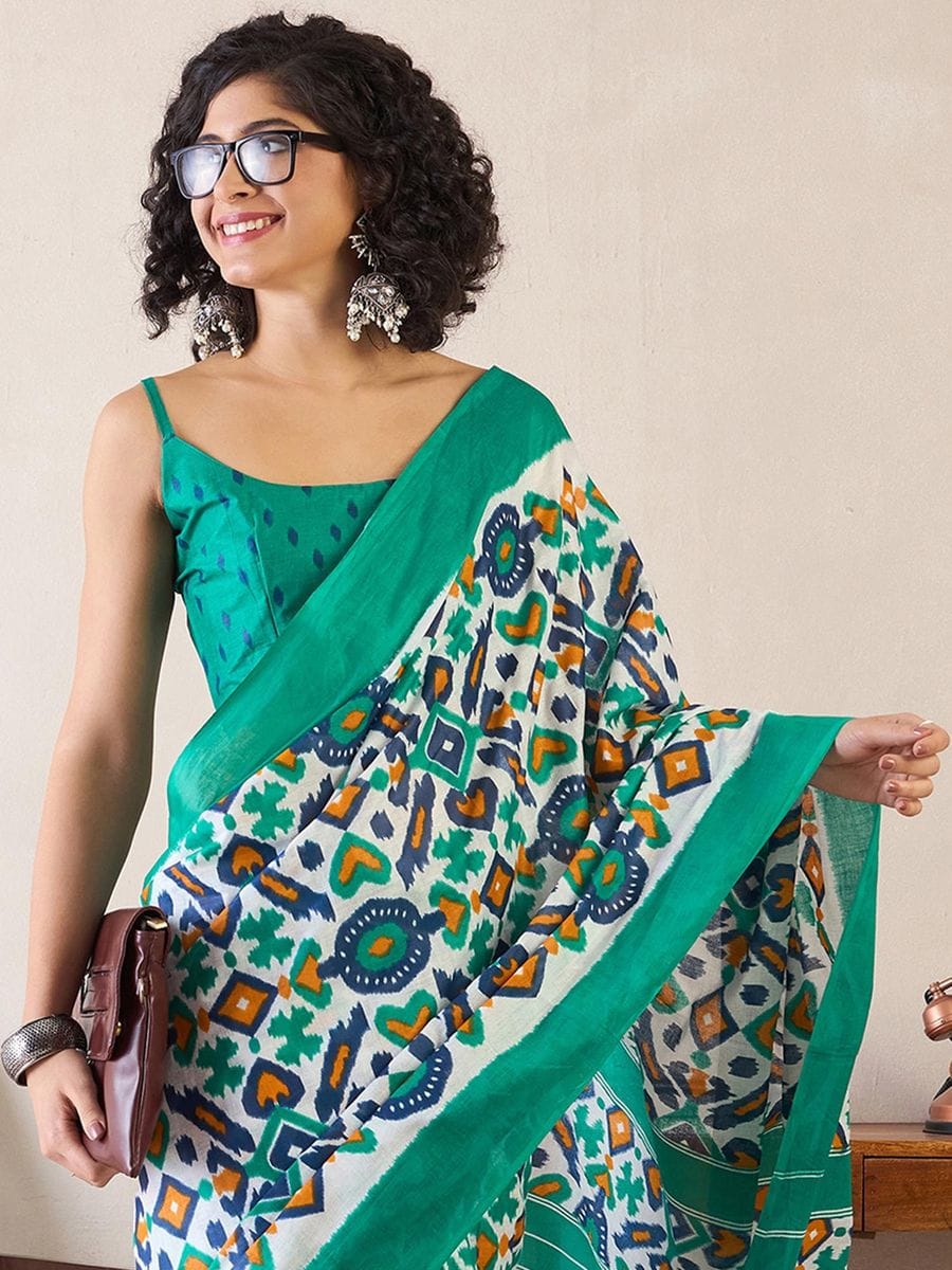 One Minute Ready To Wear Green Ethnic Motifs Poly Cotton Ikat With Pocket Saree