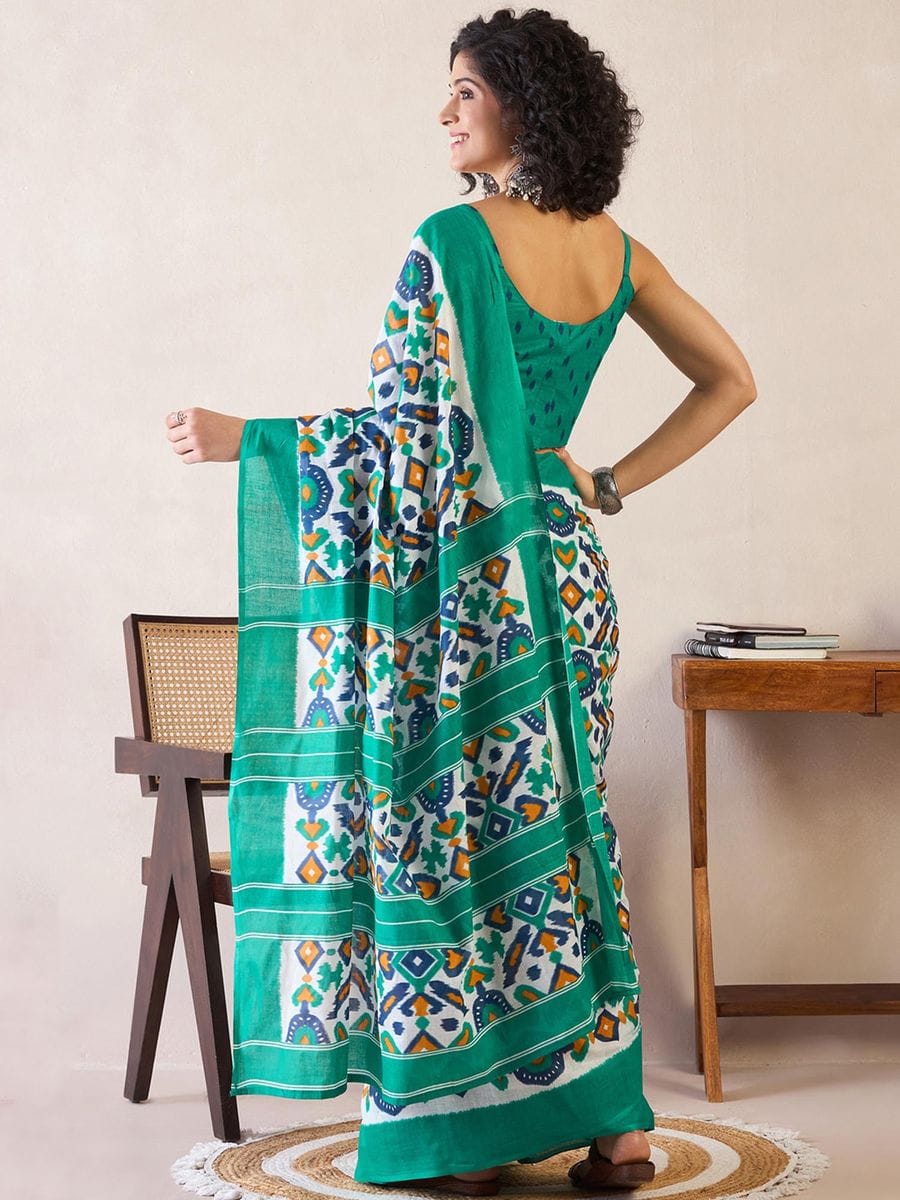 One Minute Ready To Wear Green Ethnic Motifs Poly Cotton Ikat With Pocket Saree