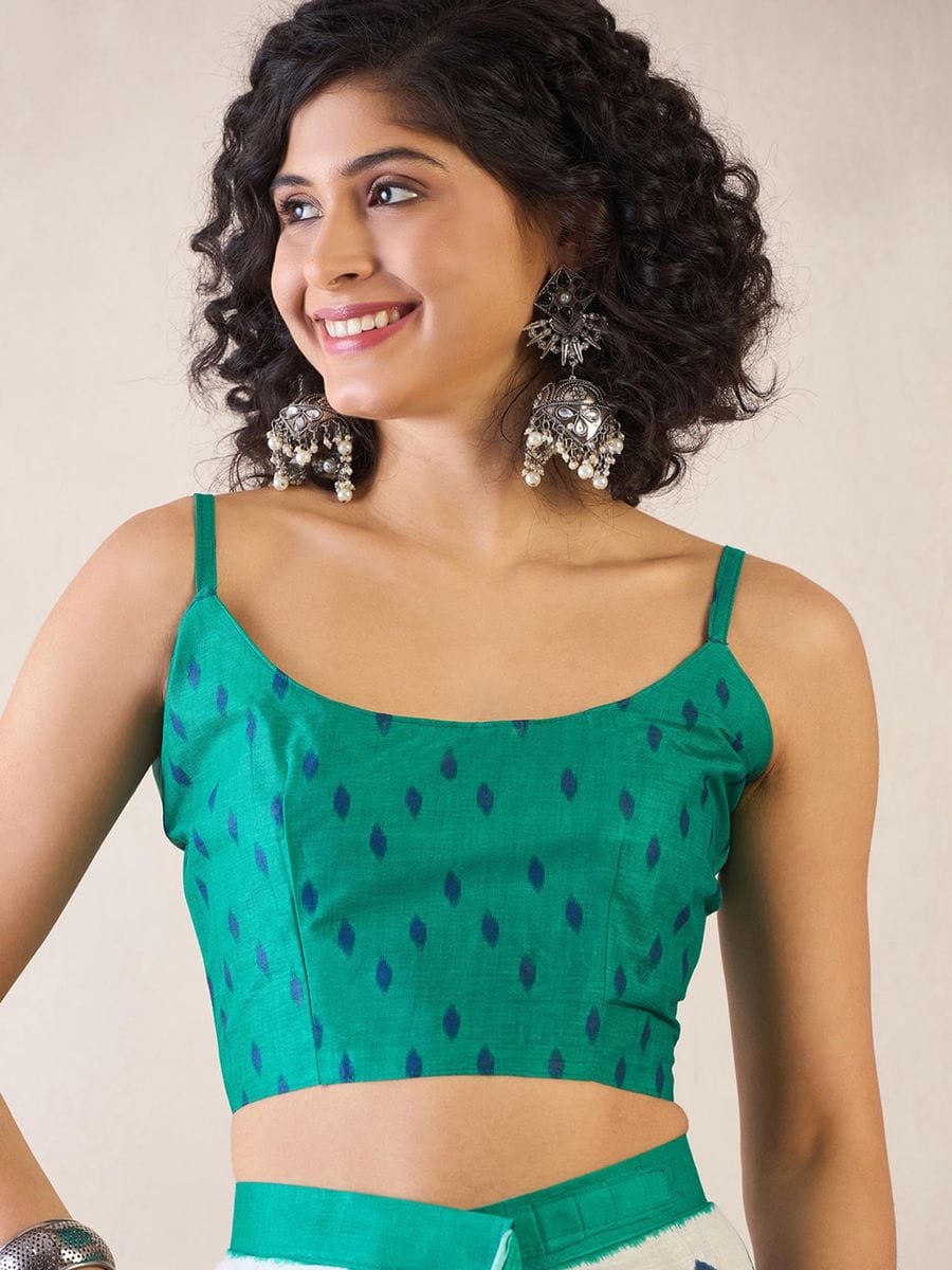 One Minute Ready To Wear Green Ethnic Motifs Poly Cotton Ikat With Pocket Saree