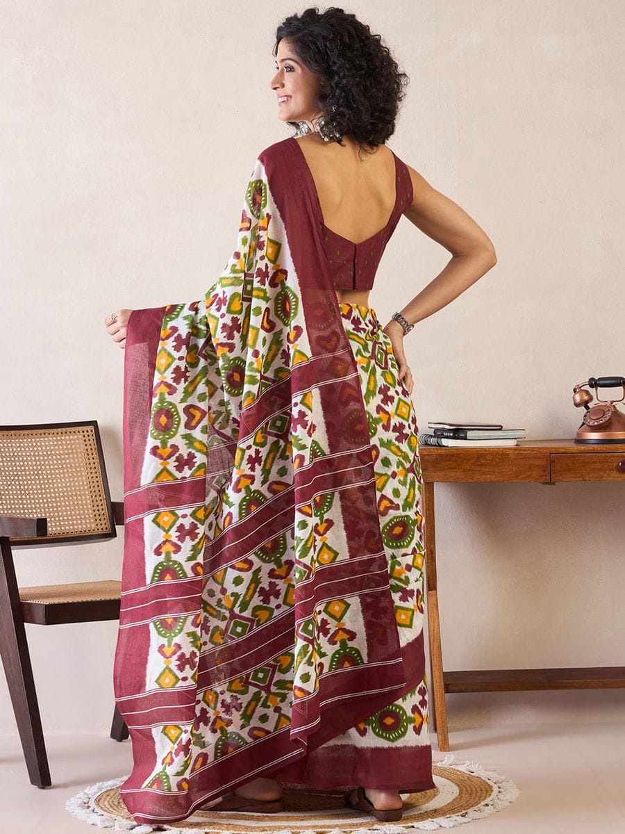 One Minute Ready To Wear Blend White Ethnic Motifs Poly Cotton Ikat With Pocket Saree