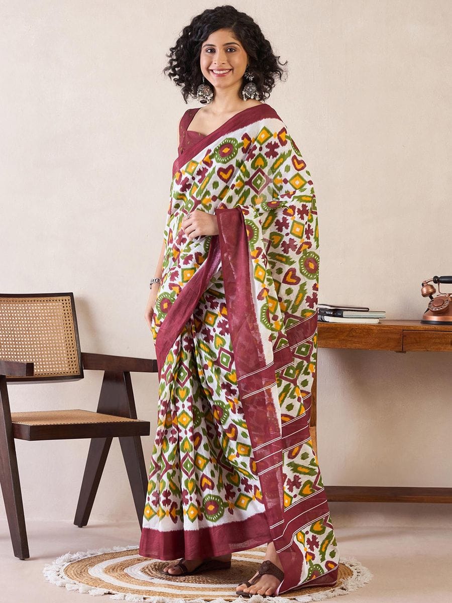 One Minute Ready To Wear Blend White Ethnic Motifs Poly Cotton Ikat With Pocket Saree