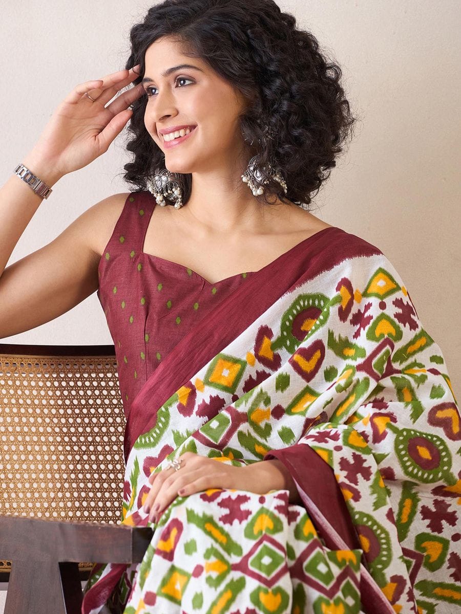 One Minute Ready To Wear Blend White Ethnic Motifs Poly Cotton Ikat With Pocket Saree