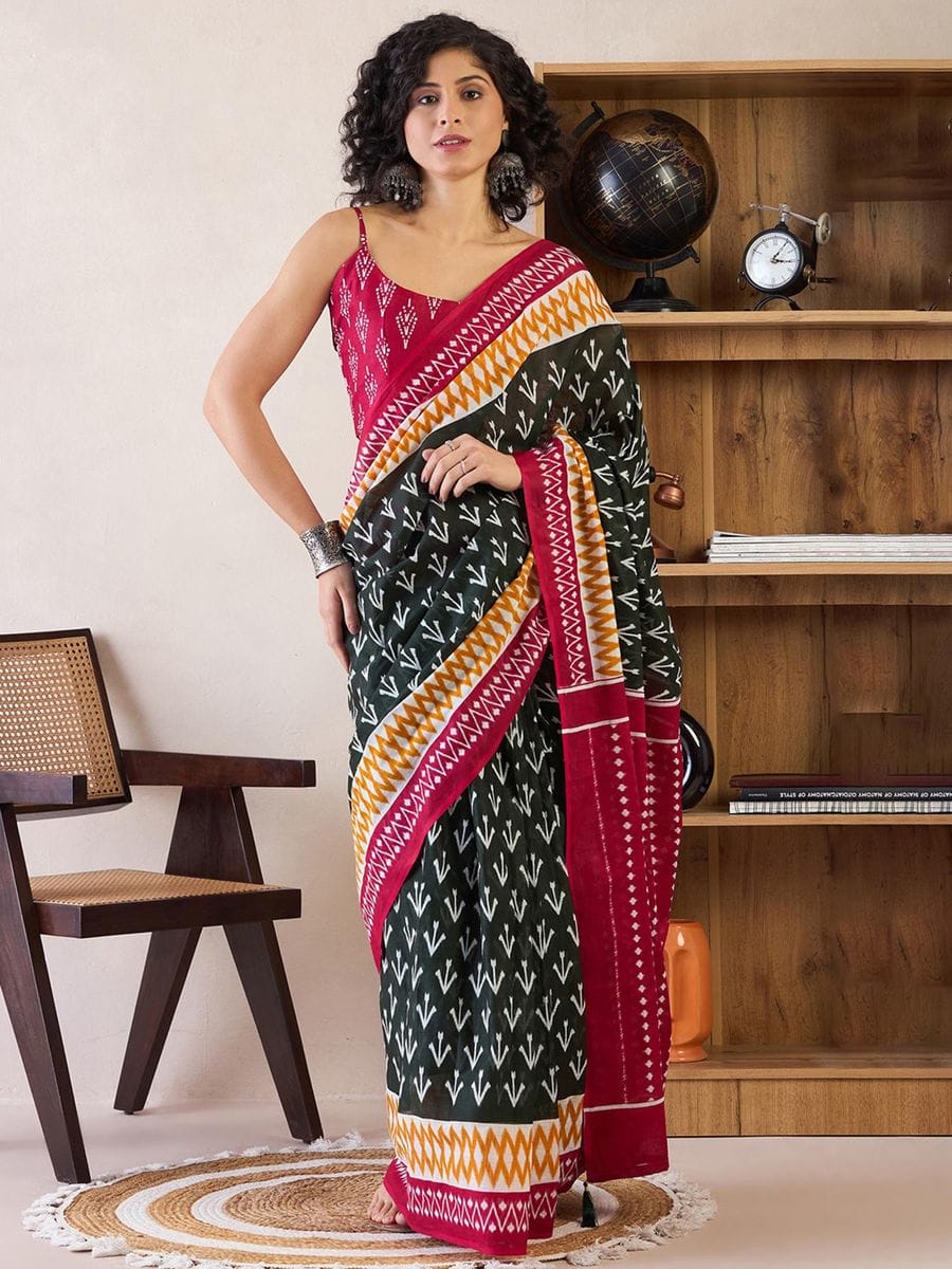 One Minute Ready To Wear Black & Red Ethnic Motifs Poly Cotton Ikat With Pocket Saree