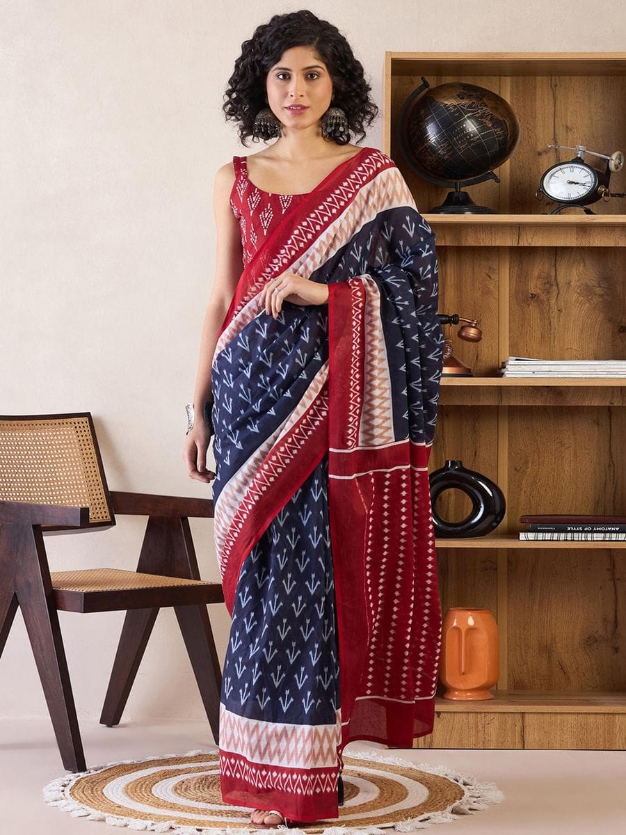 One Minute Ready To Wear Blue & Red Ethnic Motifs Poly Cotton Ikat With Pocket Saree