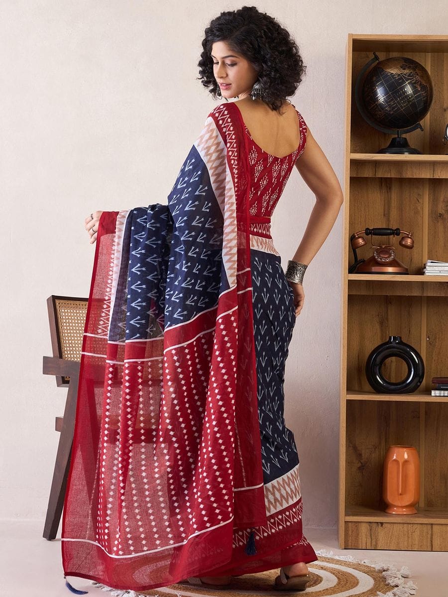 One Minute Ready To Wear Blue & Red Ethnic Motifs Poly Cotton Ikat With Pocket Saree