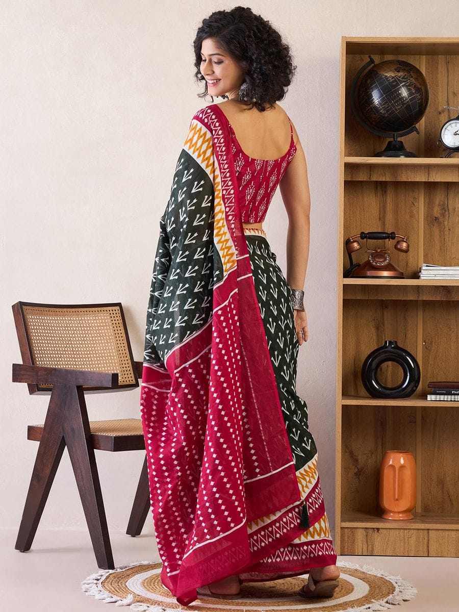 One Minute Ready To Wear Black & Red Ethnic Motifs Poly Cotton Ikat With Pocket Saree
