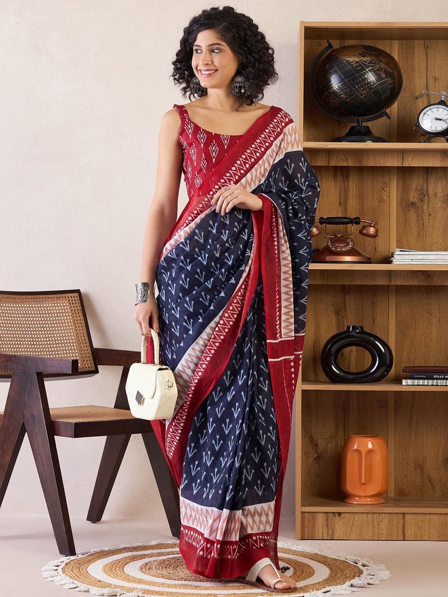 One Minute Ready To Wear Blue & Red Ethnic Motifs Poly Cotton Ikat With Pocket Saree