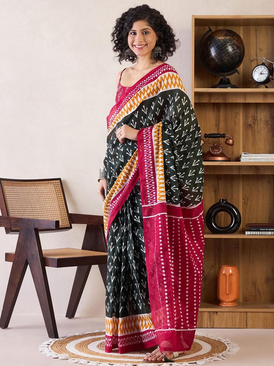 One Minute Ready To Wear Black & Red Ethnic Motifs Poly Cotton Ikat With Pocket Saree