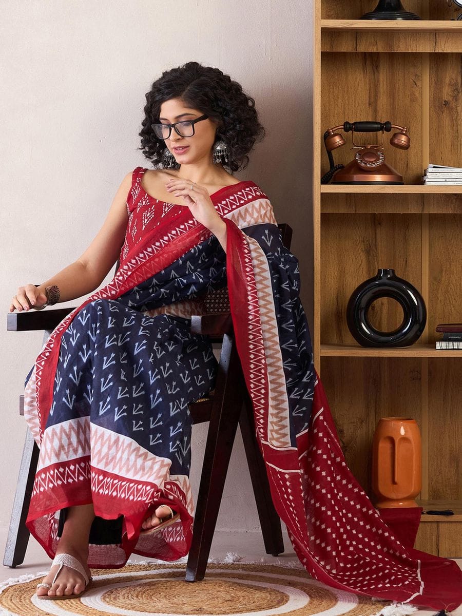 One Minute Ready To Wear Blue & Red Ethnic Motifs Poly Cotton Ikat With Pocket Saree