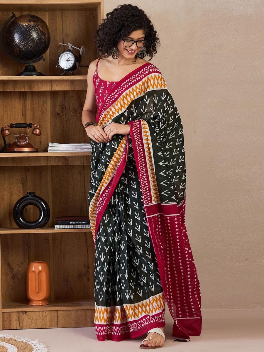 One Minute Ready To Wear Black & Red Ethnic Motifs Poly Cotton Ikat With Pocket Saree