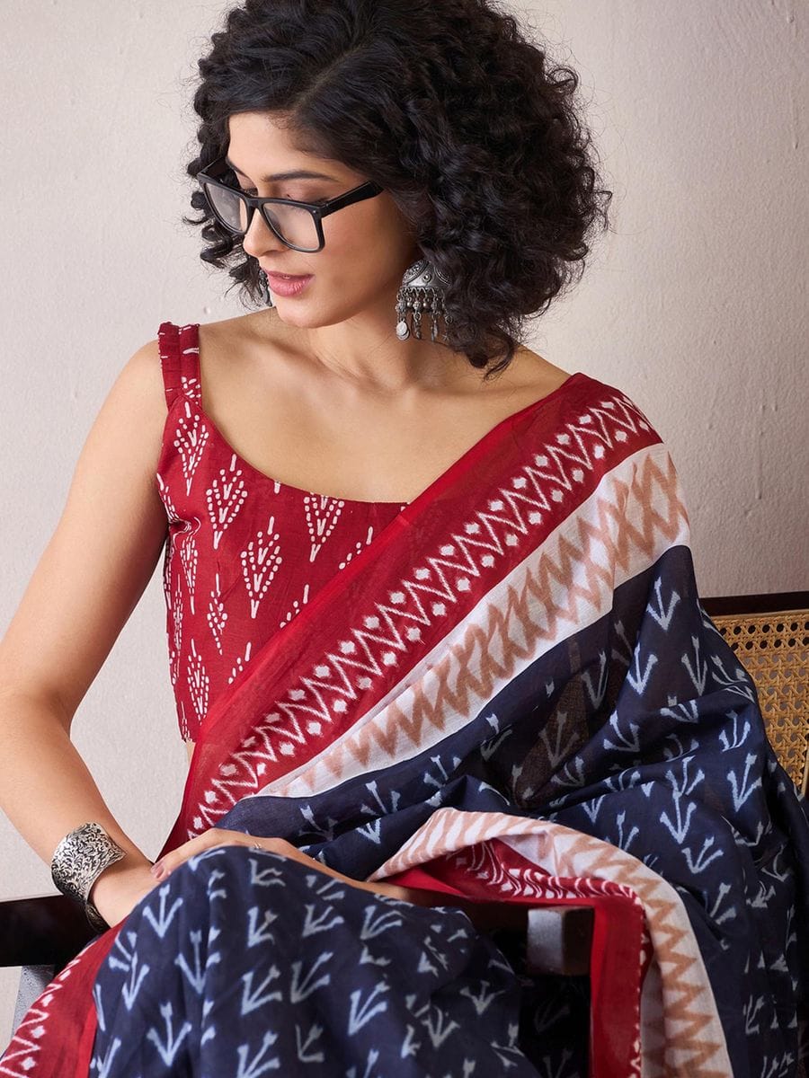 One Minute Ready To Wear Blue & Red Ethnic Motifs Poly Cotton Ikat With Pocket Saree