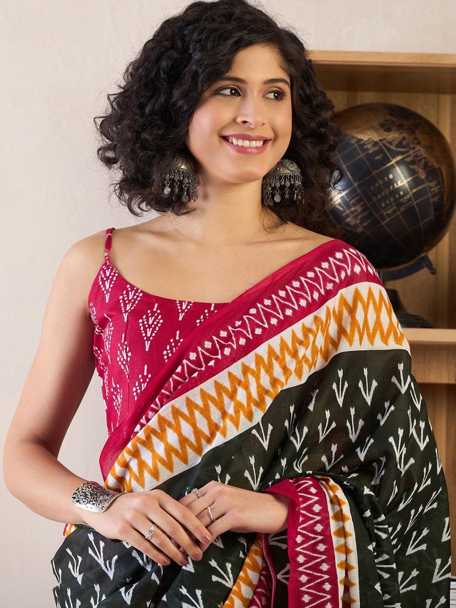 One Minute Ready To Wear Black & Red Ethnic Motifs Poly Cotton Ikat With Pocket Saree