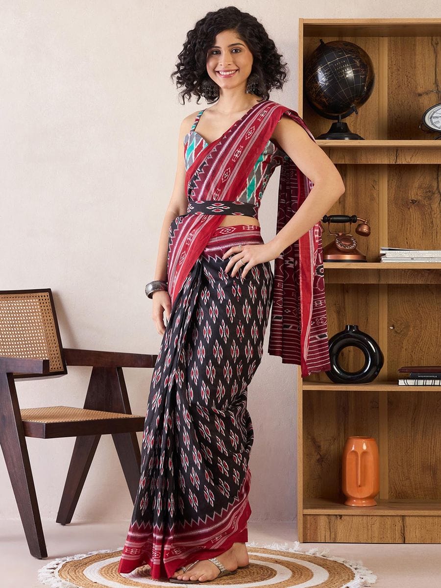One Minute Ready To Wear Printed Ikkat Pure Cotton With Pocket Saree