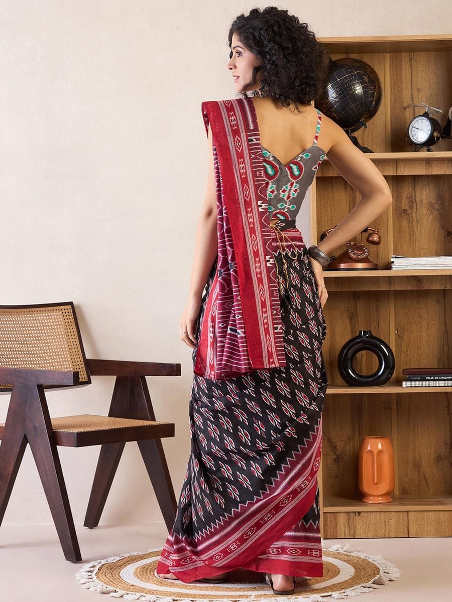 One Minute Ready To Wear Printed Ikkat Pure Cotton With Pocket Saree