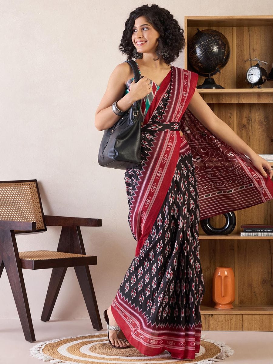 One Minute Ready To Wear Printed Ikkat Pure Cotton With Pocket Saree