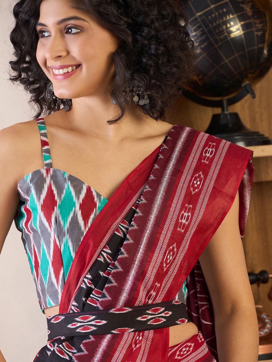 One Minute Ready To Wear Printed Ikkat Pure Cotton With Pocket Saree