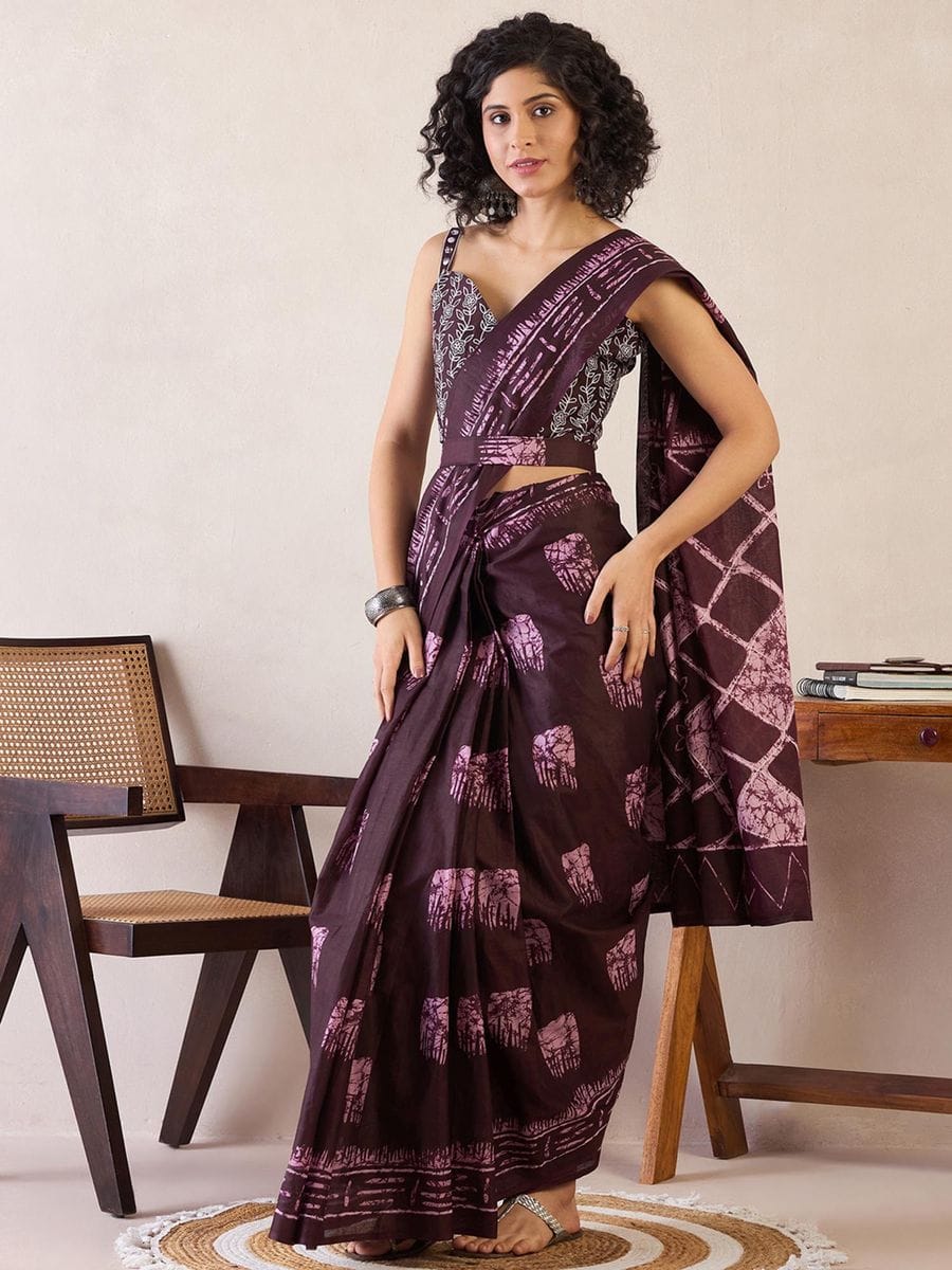 One Minute Ready To Wear Maroon Ethnic Motifs Poly Cotton Ikat With Pocket Saree