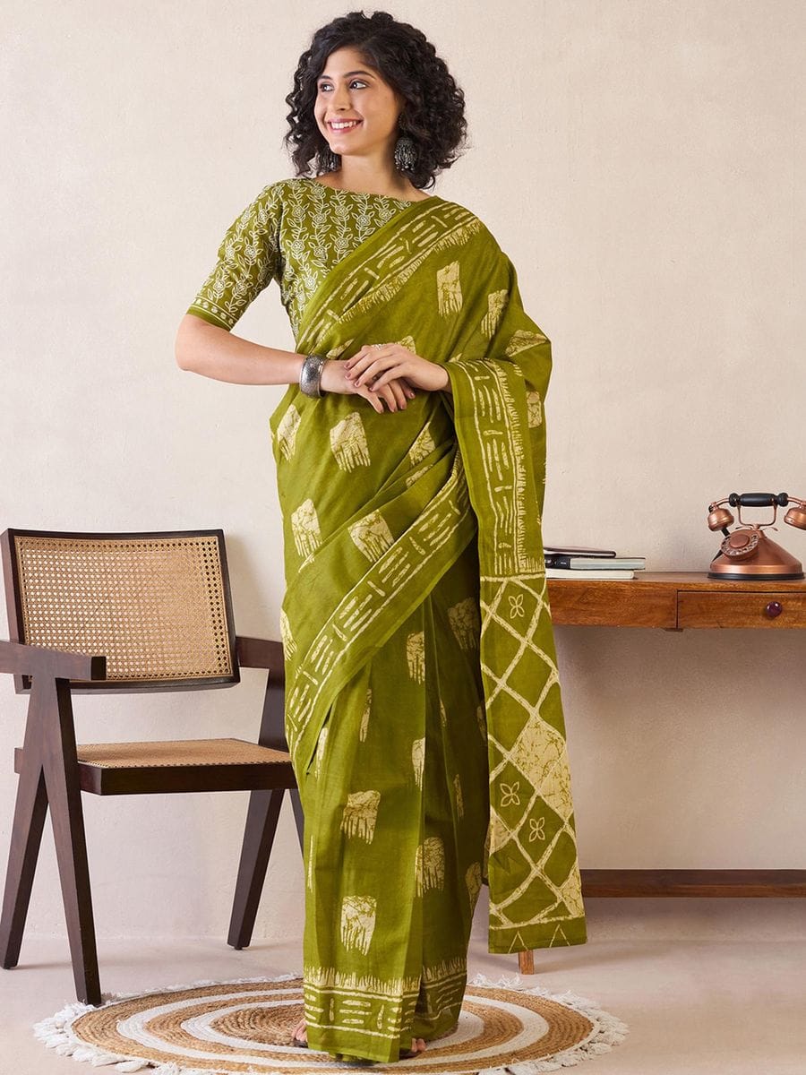 One Minute Ready To Wear Green Ethnic Motifs Poly Cotton Ikat With Pocket Saree