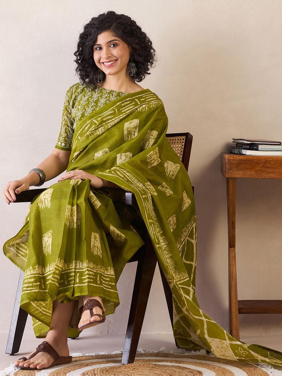 One Minute Ready To Wear Green Ethnic Motifs Poly Cotton Ikat With Pocket Saree