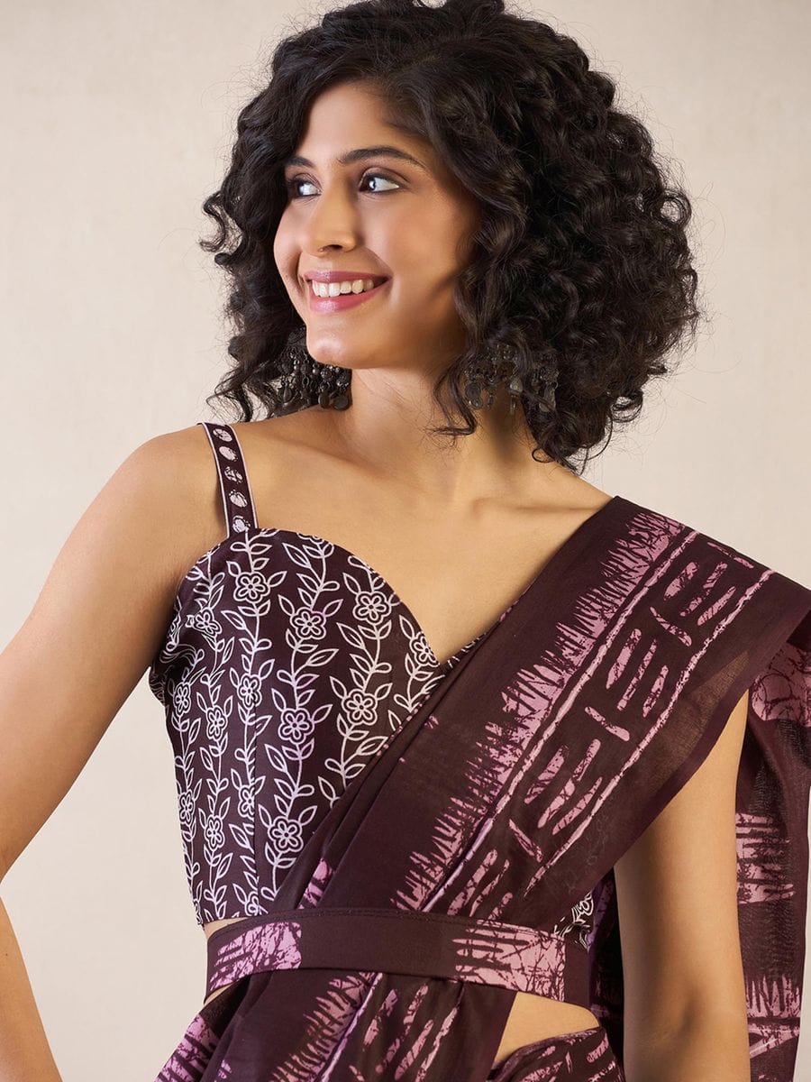 One Minute Ready To Wear Maroon Ethnic Motifs Poly Cotton Ikat With Pocket Saree