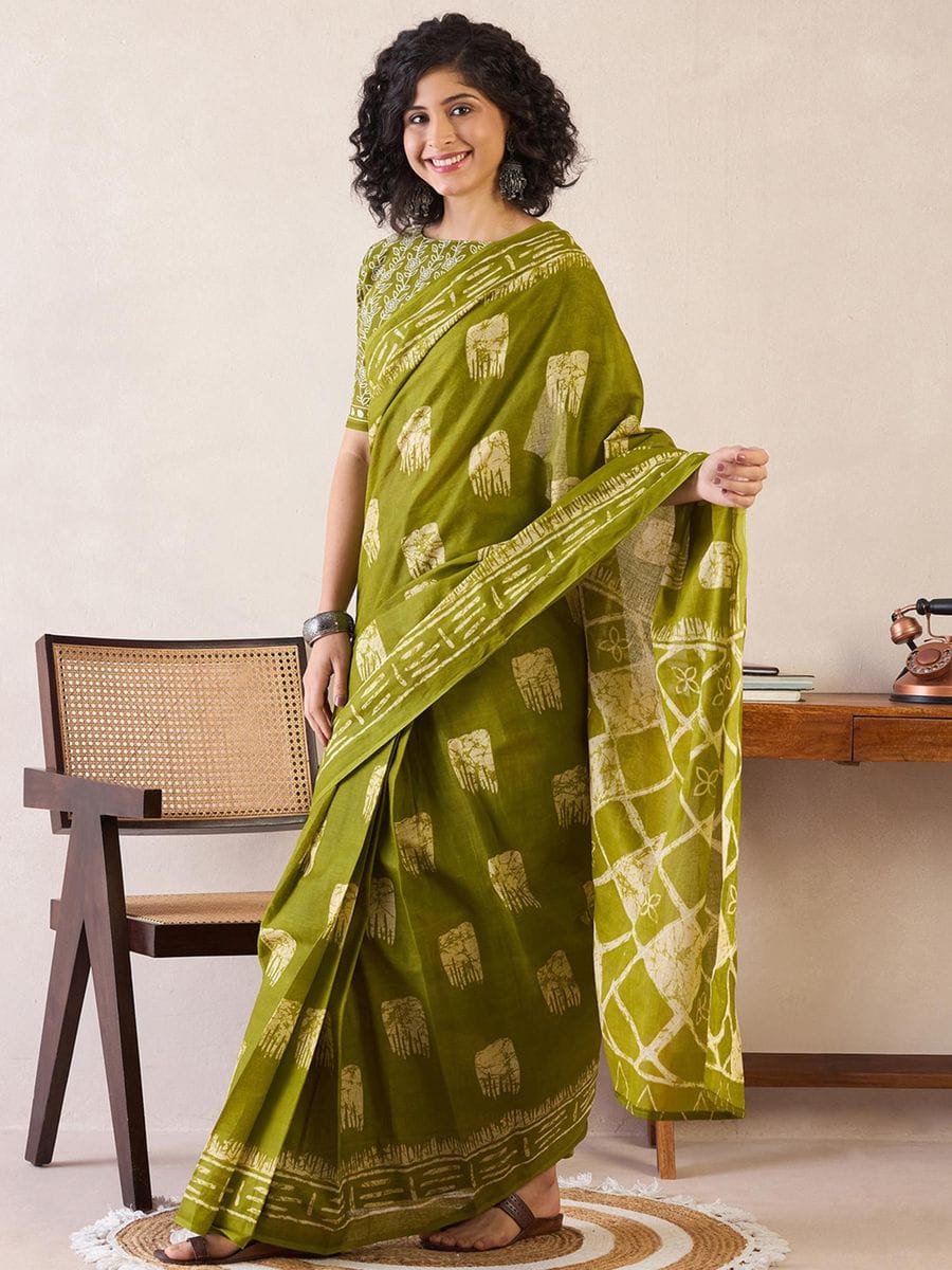 One Minute Ready To Wear Green Ethnic Motifs Poly Cotton Ikat With Pocket Saree
