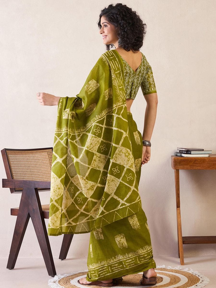 One Minute Ready To Wear Green Ethnic Motifs Poly Cotton Ikat With Pocket Saree