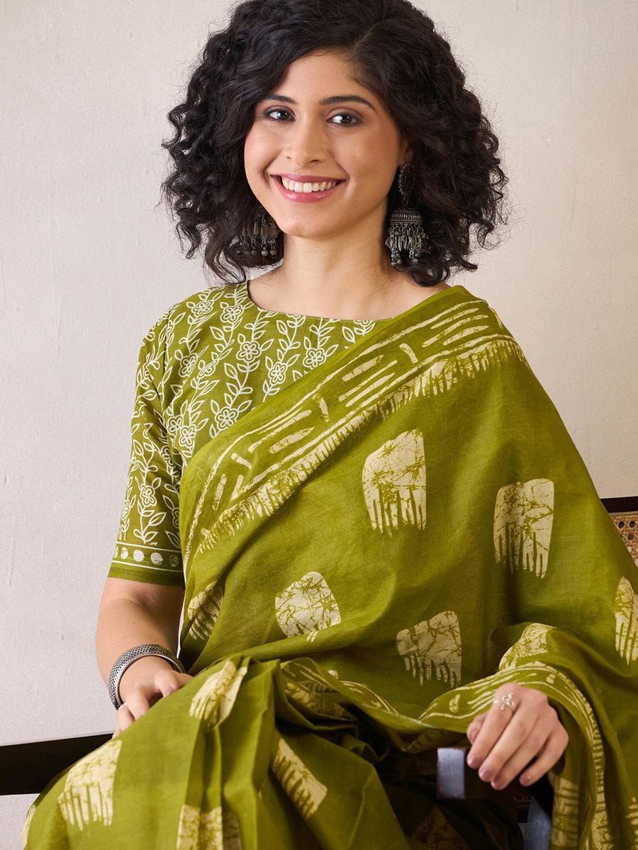 One Minute Ready To Wear Green Ethnic Motifs Poly Cotton Ikat With Pocket Saree