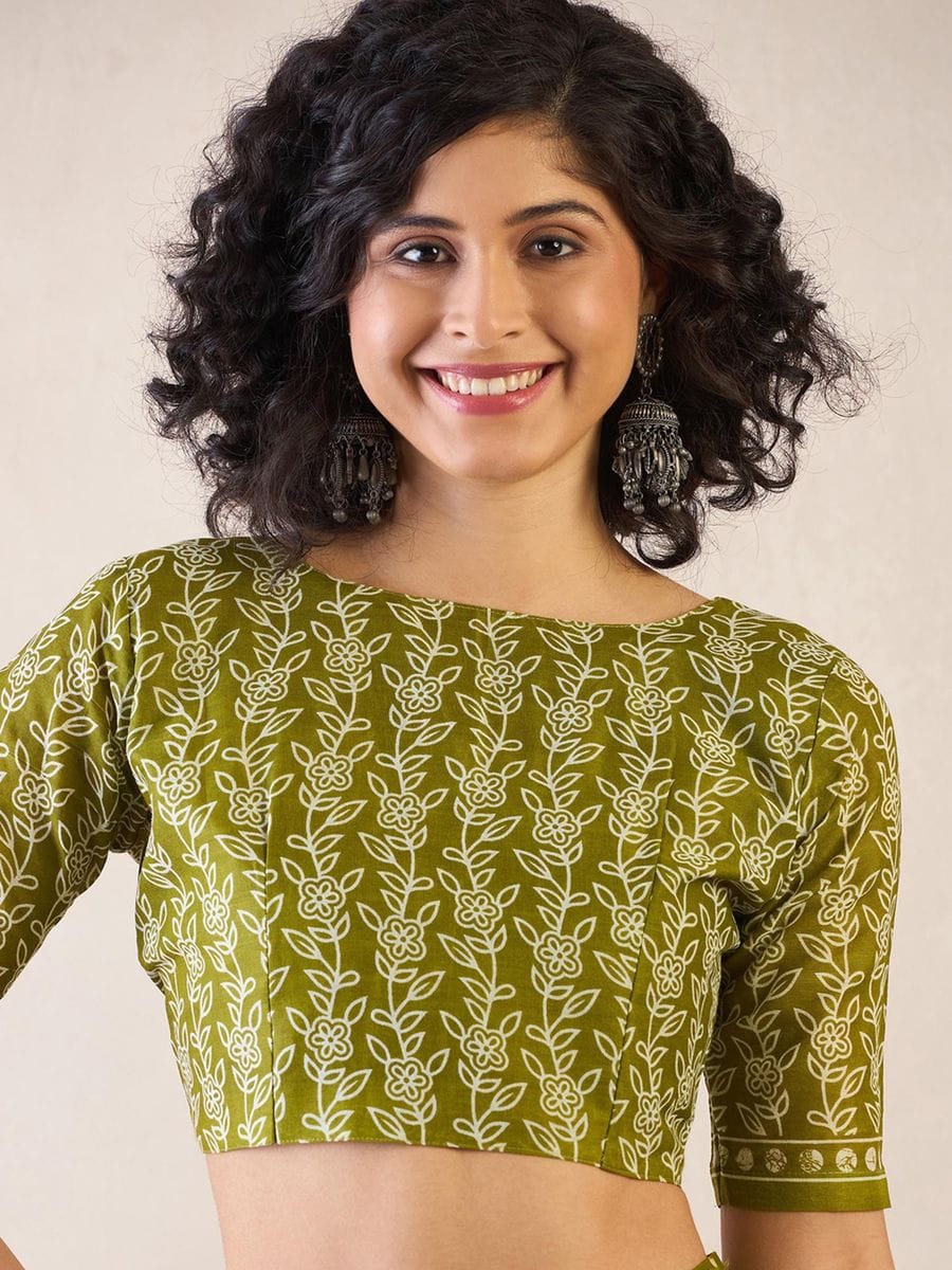 One Minute Ready To Wear Green Ethnic Motifs Poly Cotton Ikat With Pocket Saree