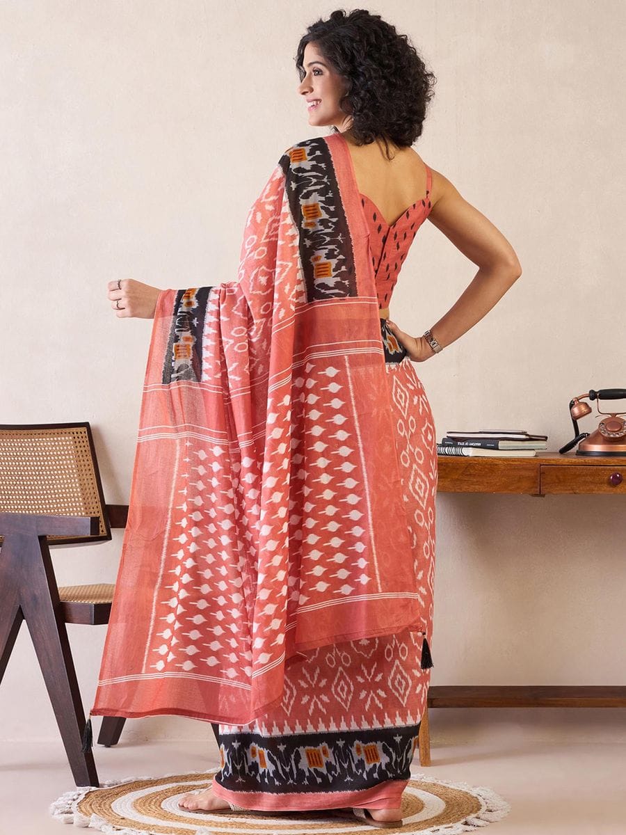 One Minute Ready To Wear Peach Ethnic Motifs Poly Cotton Ikat With Pocket Saree