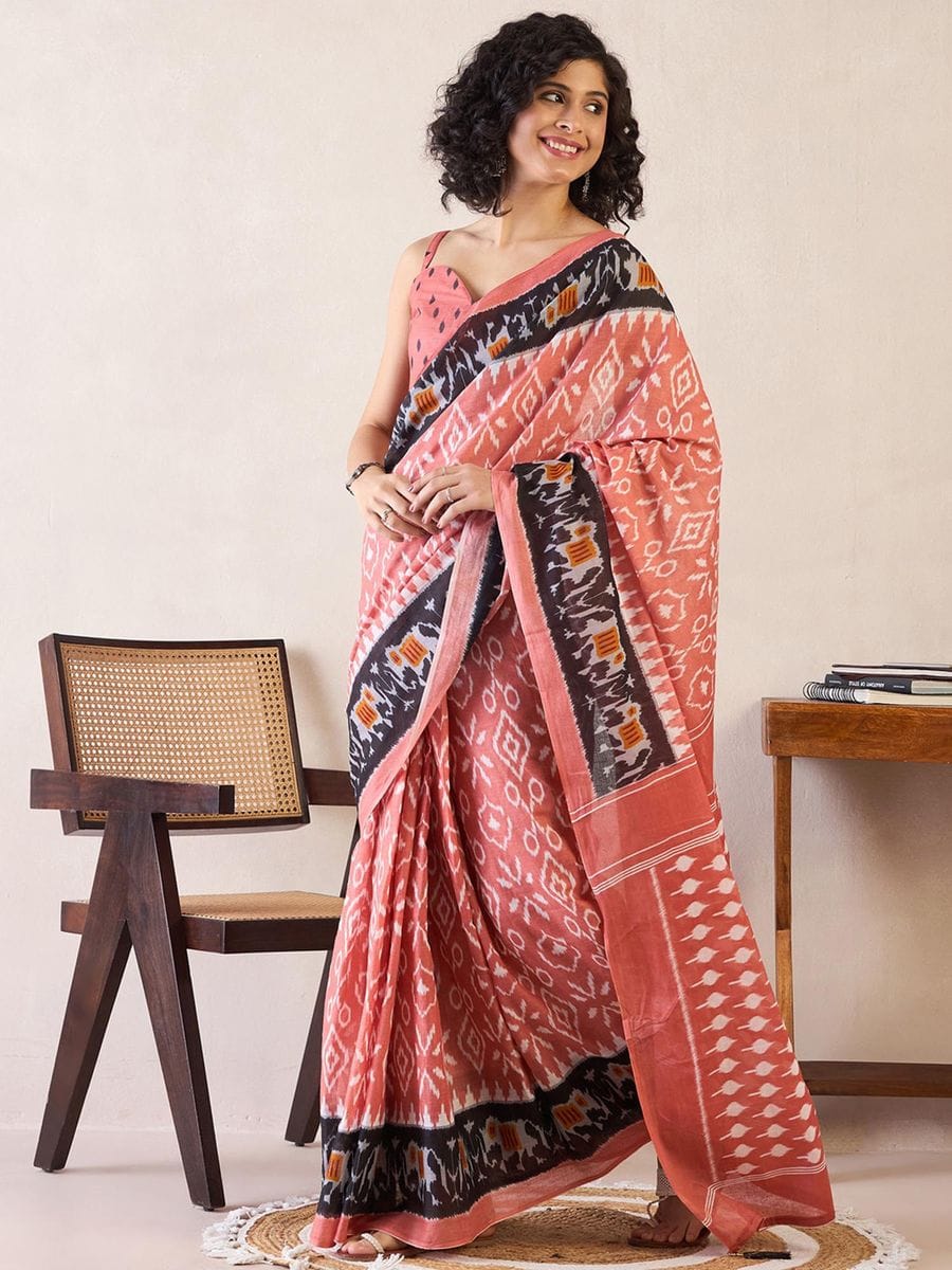 One Minute Ready To Wear Peach Ethnic Motifs Poly Cotton Ikat With Pocket Saree