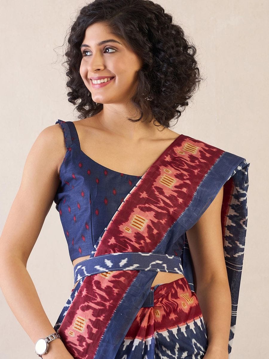 One Minute Ready To Wear Blue Ethnic Motifs Poly Cotton Ikat With Pocket Saree