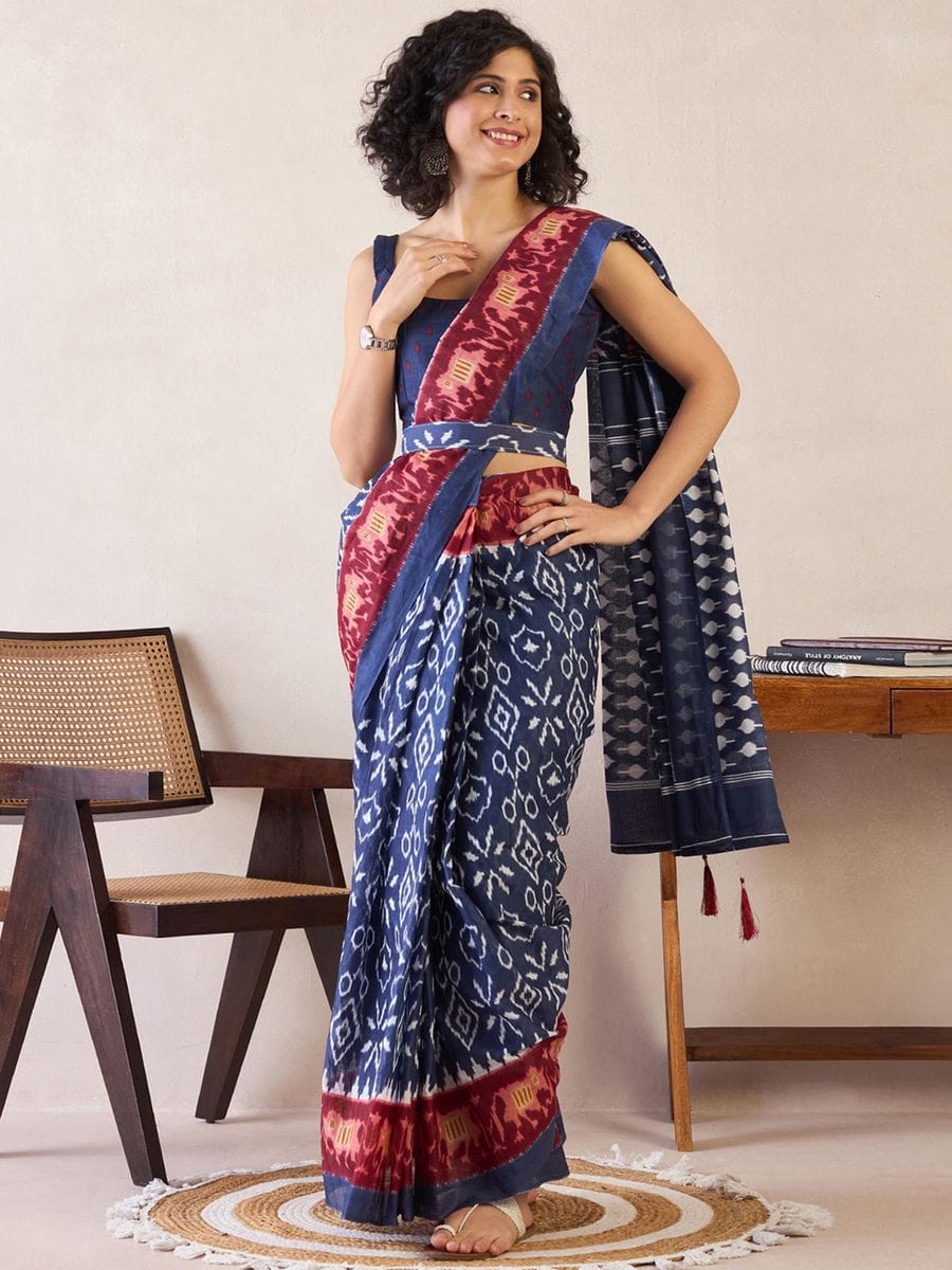 One Minute Ready To Wear Blue Ethnic Motifs Poly Cotton Ikat With Pocket Saree