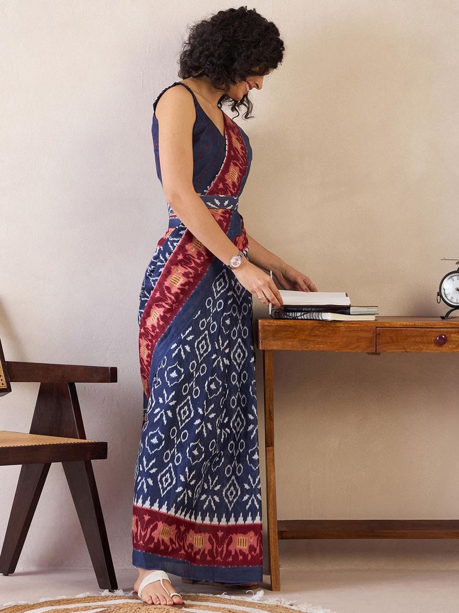 One Minute Ready To Wear Blue Ethnic Motifs Poly Cotton Ikat With Pocket Saree