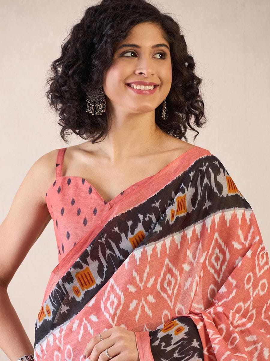 One Minute Ready To Wear Peach Ethnic Motifs Poly Cotton Ikat With Pocket Saree
