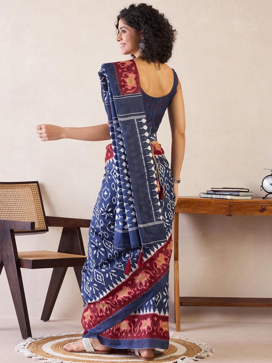 One Minute Ready To Wear Blue Ethnic Motifs Poly Cotton Ikat With Pocket Saree