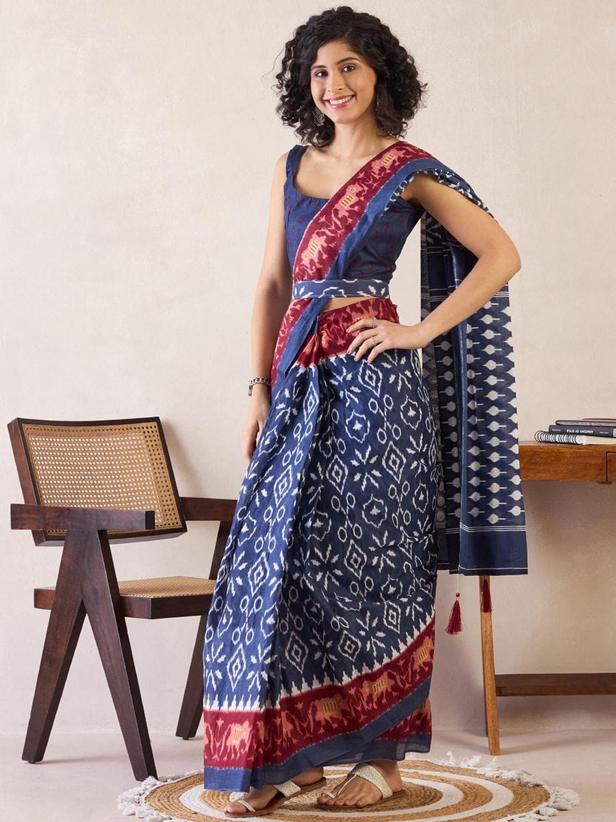 One Minute Ready To Wear Blue Ethnic Motifs Poly Cotton Ikat With Pocket Saree